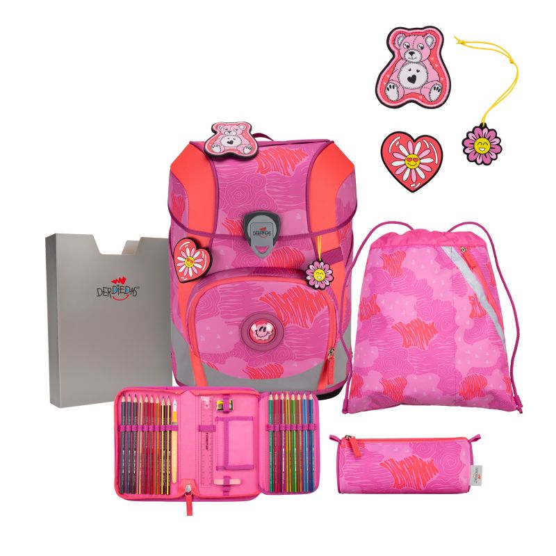 Rosa-rotes Schulrucksack-Set mit Federmäppchen, Buntstiften, Turnbeutel und niedlichen Aufnähern. Rosa-rotes Schulrucksack-Set mit Federmäppchen, Buntstiften, Turnbeutel und niedlichen Aufnähern.