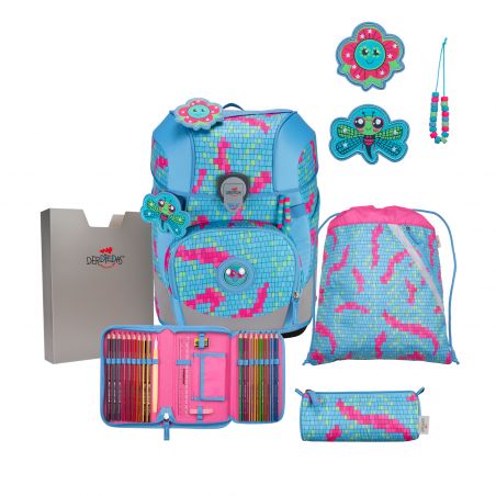 Blau-rosa Schulset mit Rucksack, Federmäppchen, Bastelzubehör, Turnbeutel und dekorativen Aufnähern.