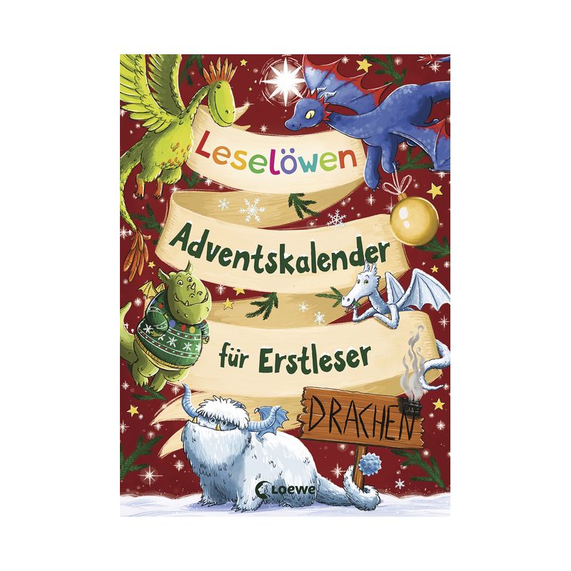 Deutsches Adventskalender-Buchcover mit Drachen, festlicher Dekoration und verschneitem Hintergrund.