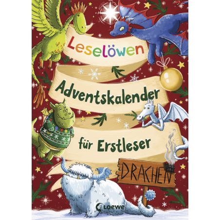 Deutsches Adventskalender-Buchcover mit Drachen, festlicher Dekoration und verschneitem Hintergrund.