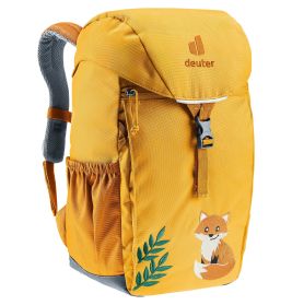 Gelber Deuter-Rucksack mit Fuchs- und Blattmotiv, Frontschnalle und Seitentasche.