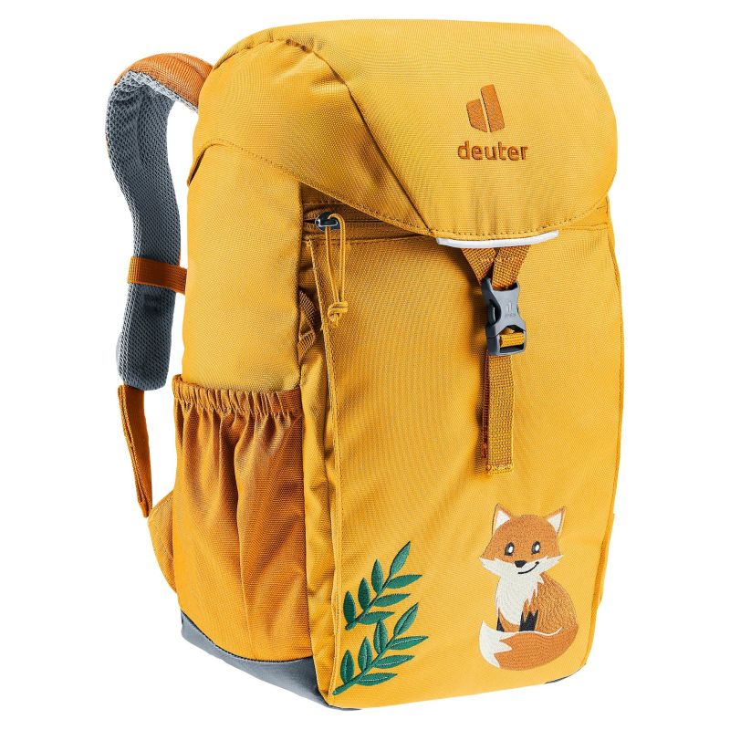 Gelber Deuter-Rucksack mit Fuchs- und Blattmotiv, Frontschnalle und Seitentasche.