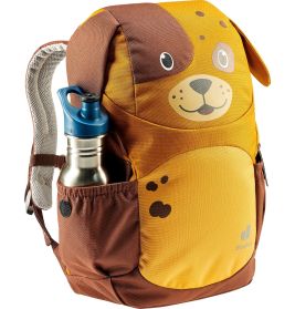 Braun-gelber Kinderrucksack in Hundeform mit Trinkflasche in der Seitentasche.
