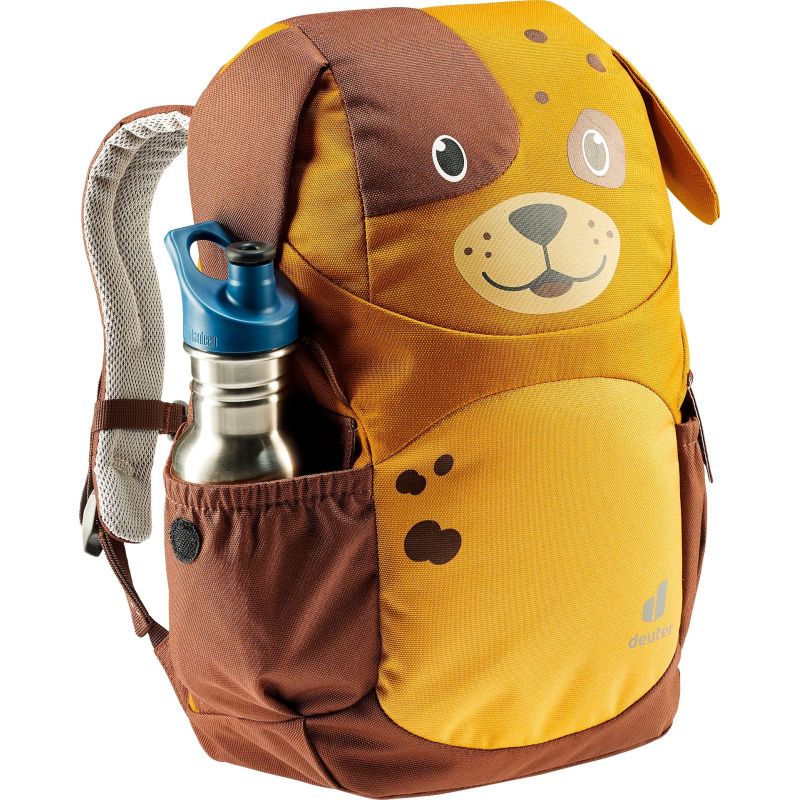 Braun-gelber Kinderrucksack in Hundeform mit Trinkflasche in der Seitentasche.