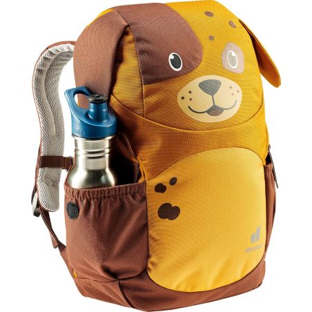 Braun-gelber Kinderrucksack in Hundeform mit Trinkflasche in der Seitentasche.