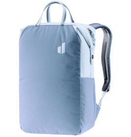 Hellblauer und weißer Rucksack im minimalistischen Design mit oberen Tragegriffen und gepolsterten Schultergurten.