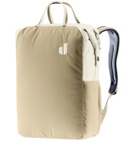 Beiger und weißer, rechteckiger Rucksack mit kleinem Logo und zwei Tragegriffen oben.