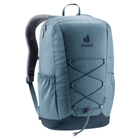 Blauer Deuter-Rucksack mit Seitentaschen und Frontgummizug vor weißem Hintergrund.