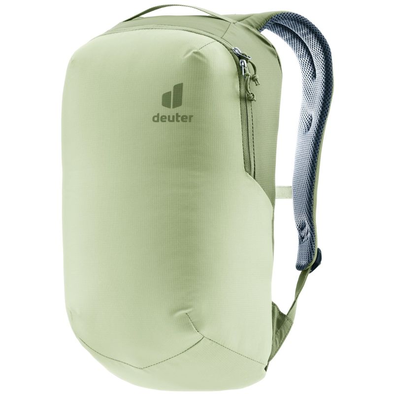 Hellgrüner Deuter-Rucksack mit einem Reißverschluss, gepolsterten Schultergurten und minimalistischem Design. Hellgrüner Deuter-Rucksack mit einem Reißverschluss, gepolsterten Schultergurten und minimalistischem Design.