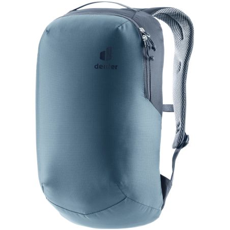 Minimalistischer blauer Rucksack mit abgerundeten Ecken, Frontreißverschluss und Mesh-Schulterriemen.