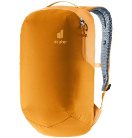 Minimalistischer orangefarbener Deuter-Rucksack mit einem Reißverschlussfach vor weißem Hintergrund.