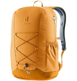 Oranger Rucksack mit Front-Bungee-Seil, Seitenfach und gepolsterten Schultergurten vor weißem Hintergrund.