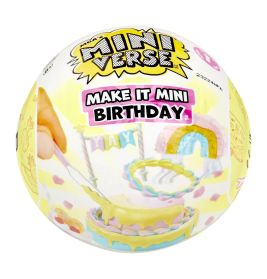Gelber Ball mit der Aufschrift Mini Verse Make It Mini Birthday sowie Abbildungen von Kuchen und Partydeko.