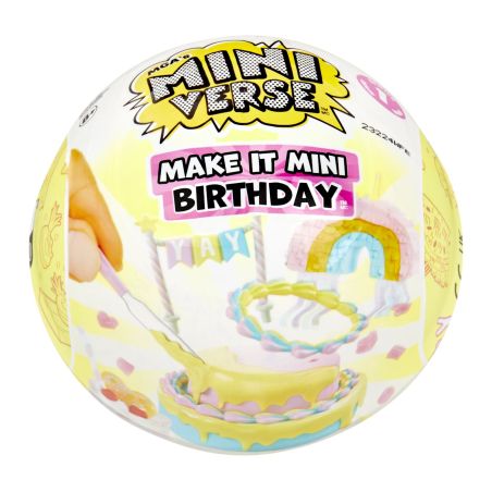 Gelber Ball mit der Aufschrift Mini Verse Make It Mini Birthday sowie Abbildungen von Kuchen und Partydeko.