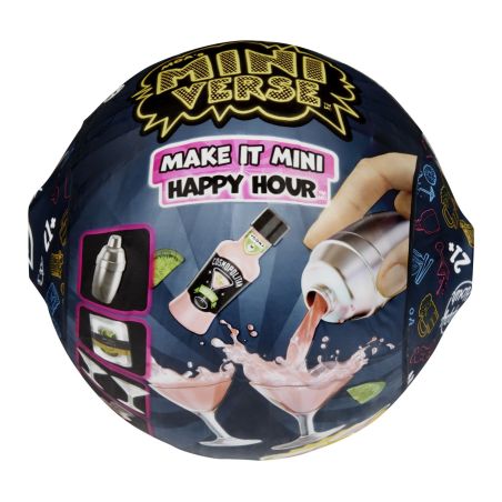 Runde Spielzeugverpackung von Mini Verse und Make It Mini Happy Hour mit Cocktailbildern und Cocktailshaker.
