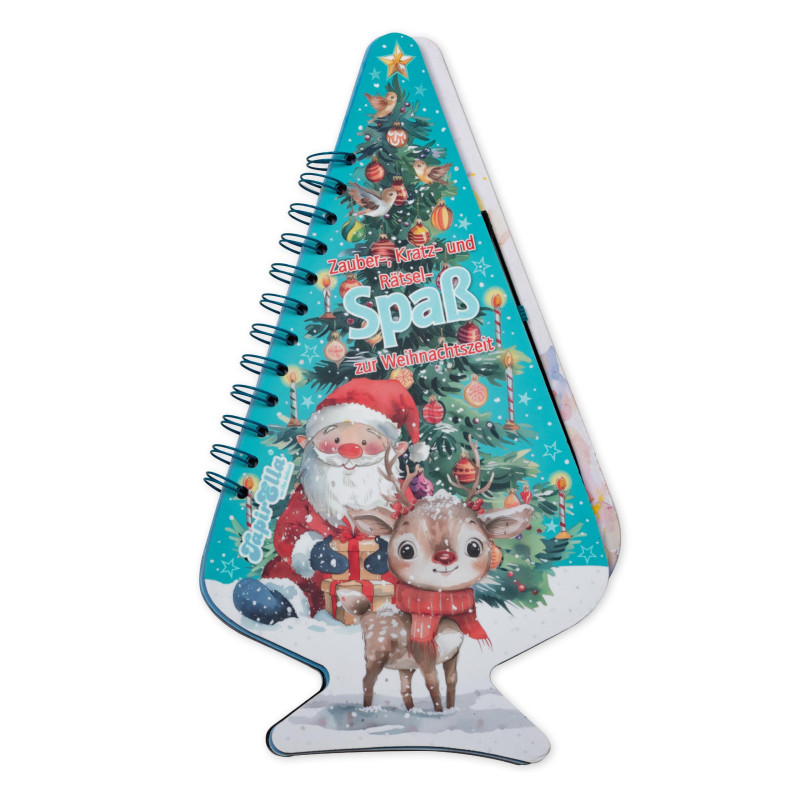 Baumförmiges Spiralnotizbuch mit festlichem Einband, der Santa, ein Rentier und Weihnachtsdeko zeigt.