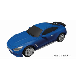 Blaues Sportwagenmodell mit schwarzen Fenstern und Heckspoiler, schräg von oben betrachtet.