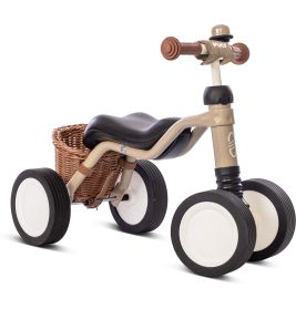 Beige-braunes Kinder-Dreirad mit Korb und schwarzem Sitz, seitlich betrachtet.