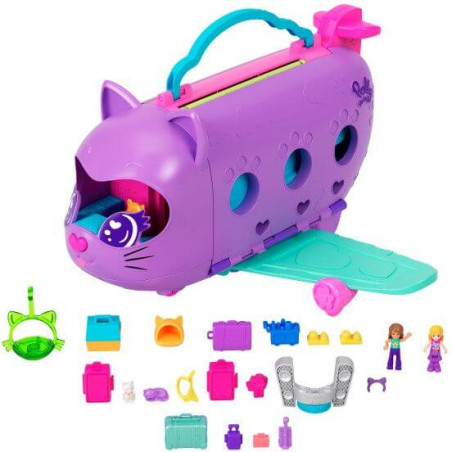 Polly Pocket POP Kitty Flugzeug-Set mit Puppen und 19 Zubehörteilen, geeignet für Kinder ab 4 Jahren.