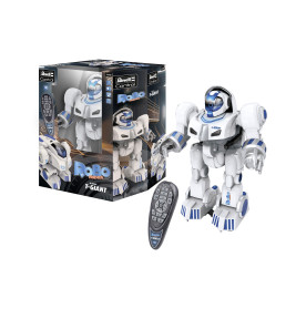 Weiß-blauer Spielzeugroboter mit Fernbedienung neben Verpackung mit der Aufschrift Robo T-Giant.