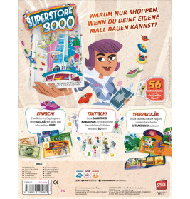 Rückseite der Superstore 3000 Spielebox mit Abbildungen, Spielmaterialien und deutscher Beschreibung.