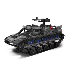 Schwarzer und grauer Spielzeugpanzer mit blauen Akzenten, aus Bausteinen, mit Kettenlaufwerk und Turm.
