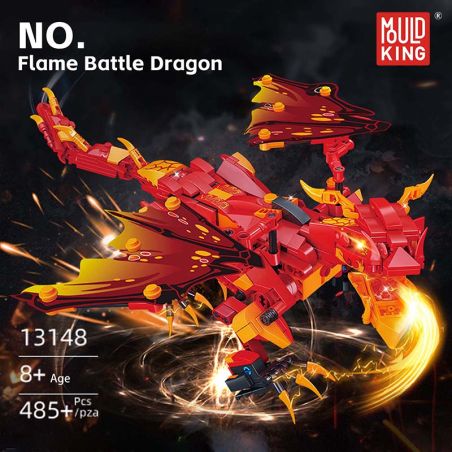 Ein rot-oranger Spielzeugdrache aus Bausteinen speit Feuer vor dunklem, rauchigem Hintergrund.