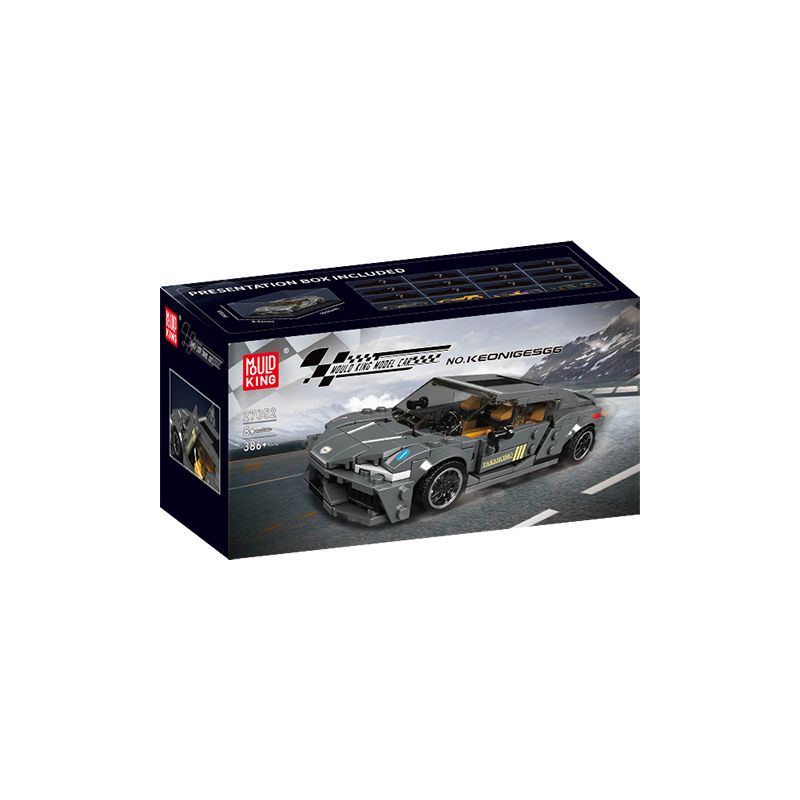 Bau-Set für schwarze und graue Sportwagen in Box mit Aufschrift Mould King No.1 KOENIGSEGG. Bau-Set für schwarze und graue Sportwagen in Box mit Aufschrift Mould King No.1 KOENIGSEGG.