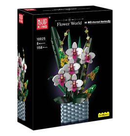 Schwarze Box des Mould King Flower World Orchideen-Bausatzes mit weißen und pinken Blüten auf der Vorderseite.