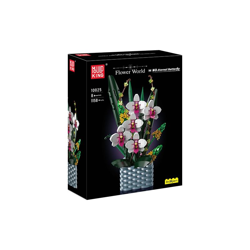 Schwarze Box des Mould King Flower World Orchideen-Bausatzes mit weißen und pinken Blüten auf der Vorderseite.