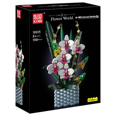 Schwarze Box des Mould King Flower World Orchideen-Bausatzes mit weißen und pinken Blüten auf der Vorderseite.