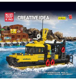 Spielset mit Spielzeug-Rettungsboot und Hausboot auf Wasser, vor Felsen, von Mould King Creative Idea.