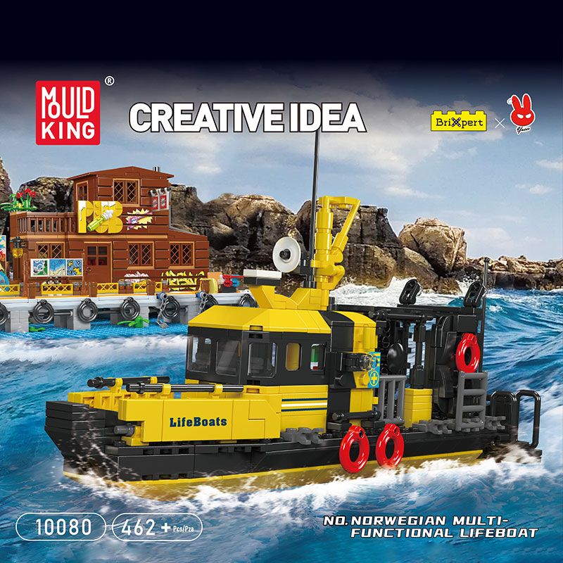 Spielset mit Spielzeug-Rettungsboot und Hausboot auf Wasser, vor Felsen, von Mould King Creative Idea.