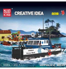 Bauset Polizeiboot auf Wasser mit Insel und Boot im Hintergrund, 413 Teile, von Mould King.