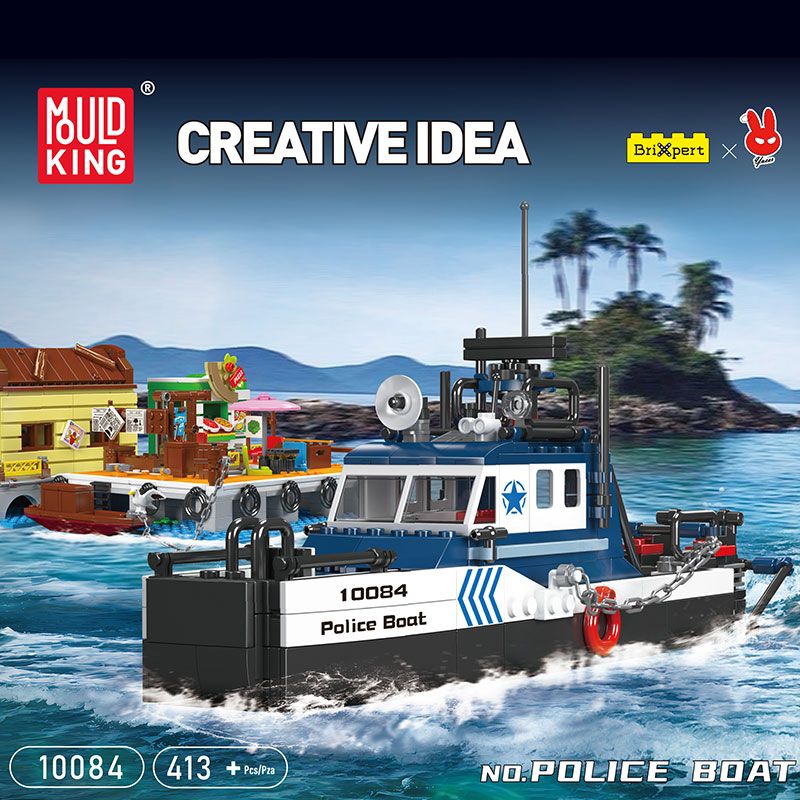 Bauset Polizeiboot auf Wasser mit Insel und Boot im Hintergrund, 413 Teile, von Mould King.