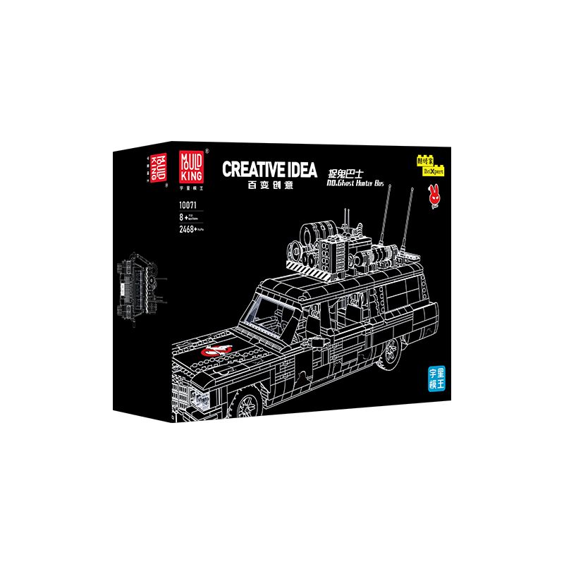 Schwarze Box eines Baustein-Auto-Sets Creative Idea mit weißer Modellskizze auf der Vorderseite.