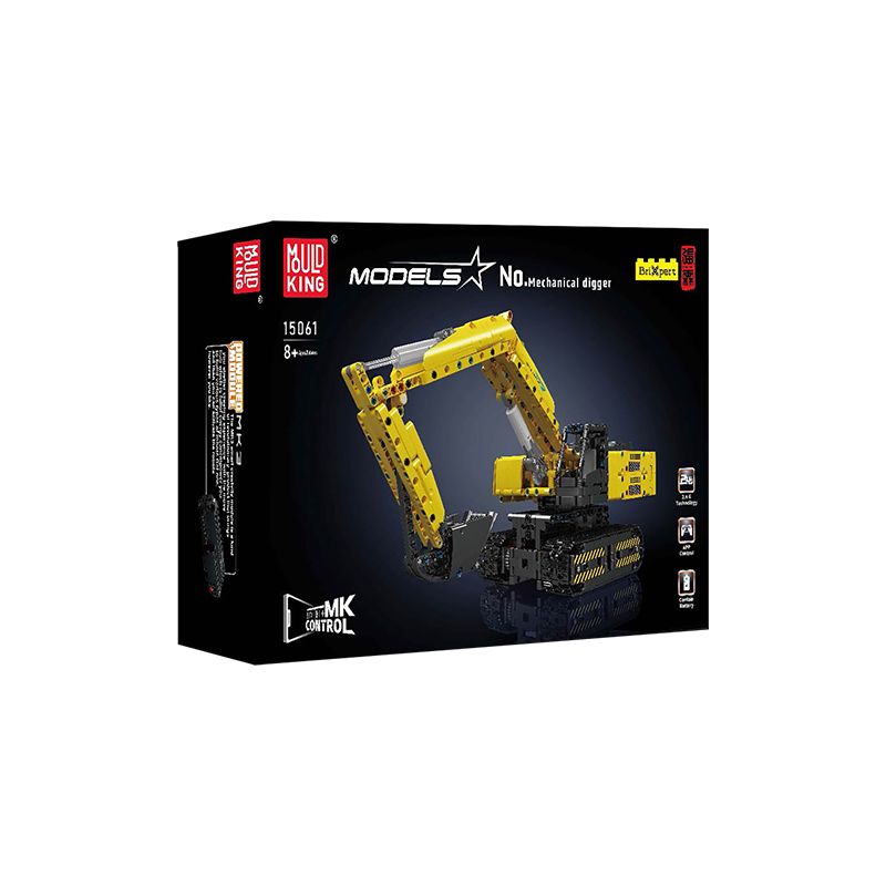 Schwarze Box mit gelbem Bagger-Bausatz von Mould King, Modell 15061, geeignet ab 8 Jahren.