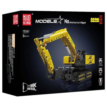 Schwarze Box mit gelbem Bagger-Bausatz von Mould King, Modell 15061, geeignet ab 8 Jahren.