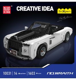 Detailliertes schwarz-weißes Cabrio aus Bausteinen vor dunklem Hintergrund mit Text und Logos.