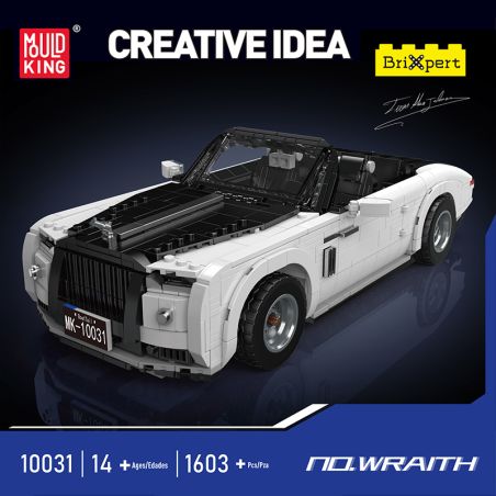 Detailliertes schwarz-weißes Cabrio aus Bausteinen vor dunklem Hintergrund mit Text und Logos.