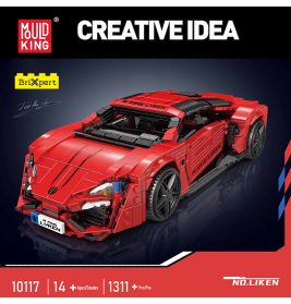 Rotes Sportwagenmodell aus Bausteinen vor schwarzem Hintergrund, mit Produktdetails und Creative Idea dargestellt.