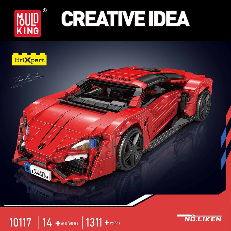 Rotes Sportwagenmodell aus Bausteinen vor schwarzem Hintergrund, mit Produktdetails und Creative Idea dargestellt.