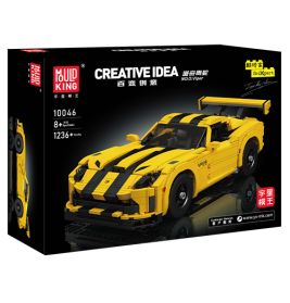 Mould King Bausatz Gelber Sportwagen, Modell 10046, mit schwarzen Streifen, enthält 1236 Teile.