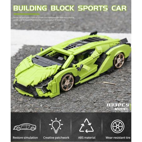 Grünes Sportwagenmodell aus Bausteinen mit goldenen Rädern auf Kies, darunter stehen die Merkmale.