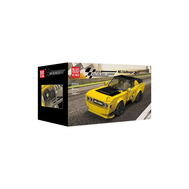 Box des Mould King ML Challenger Sets mit gelbem Cabrio-Modell auf einer Rennstrecke. Box des Mould King ML Challenger Sets mit gelbem Cabrio-Modell auf einer Rennstrecke.