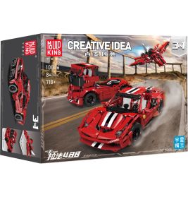 Box eines roten Auto-Bausets mit optionalem Truck und Flugzeug, beschriftet Creative Idea 3-in-1 von Mould King.