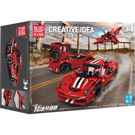 Box eines roten Auto-Bausets mit optionalem Truck und Flugzeug, beschriftet Creative Idea 3-in-1 von Mould King.