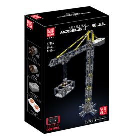 Schwarze Box eines Baukasten-Turmkrans mit Abbildungen des Modells und Produkthighlights auf der Verpackung.