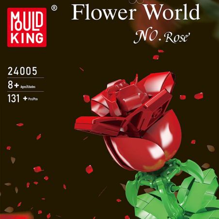 Rote MOULD KING 24005 Rosen-Baublume mit grünem Stiel, 131 Teile, ab 8 Jahren, vor dunklem Hintergrund.