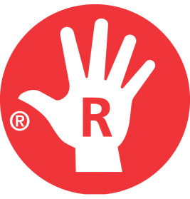 Weiße Handsilhouette mit R auf der Handfläche in rotem Kreis, links das Registrierungs-Symbol.